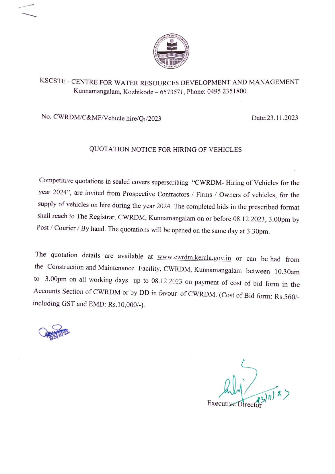 Quotation Notice for hiring of vehicles