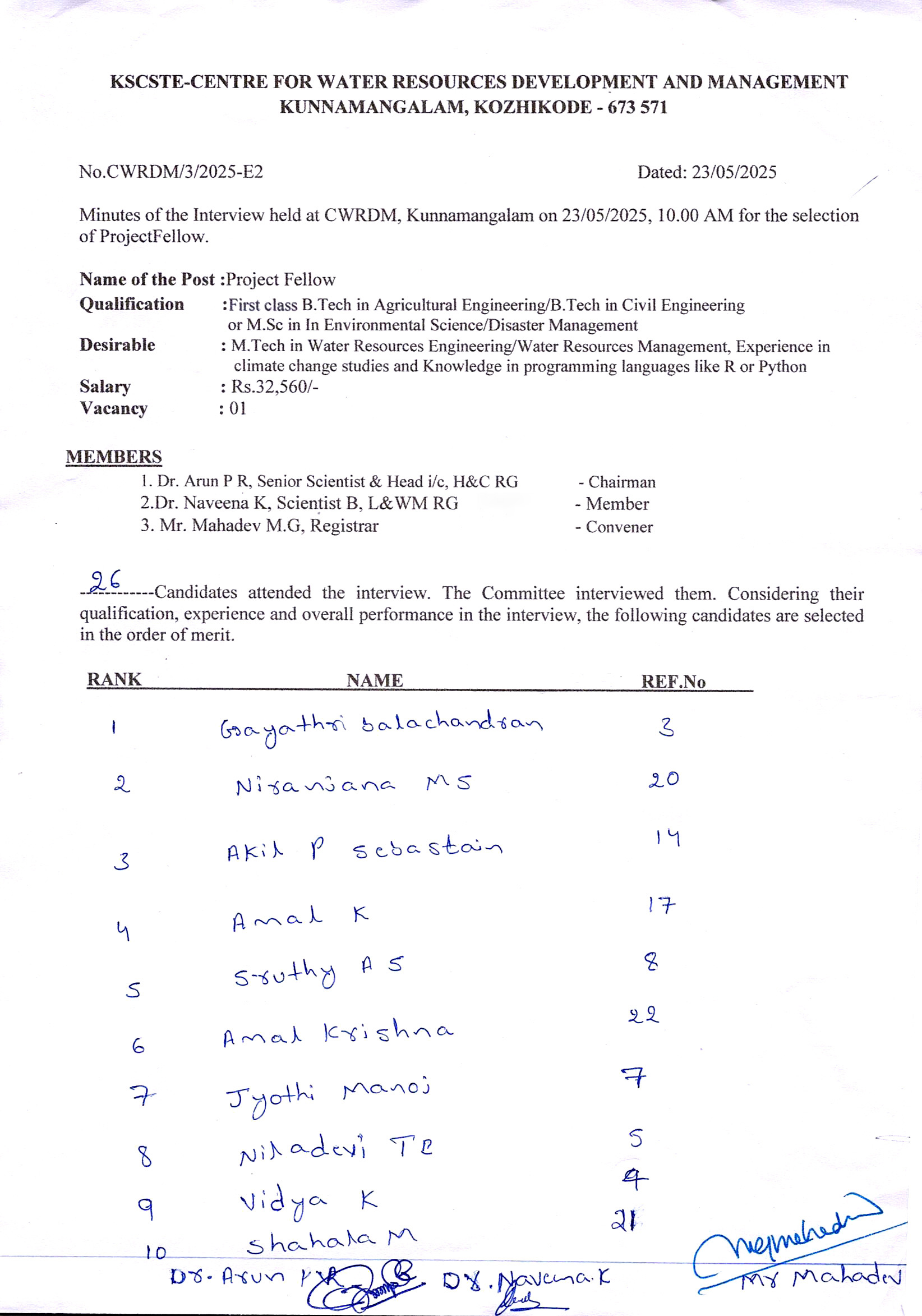 Rank list of the interview held at CWRDM on 23.05.2025 for the selection of Project Fellow B.Tech in Agricultural Engineering/ B.Tech Civil Engineering/ M.Sc. Environmental Science/ Disaster Management