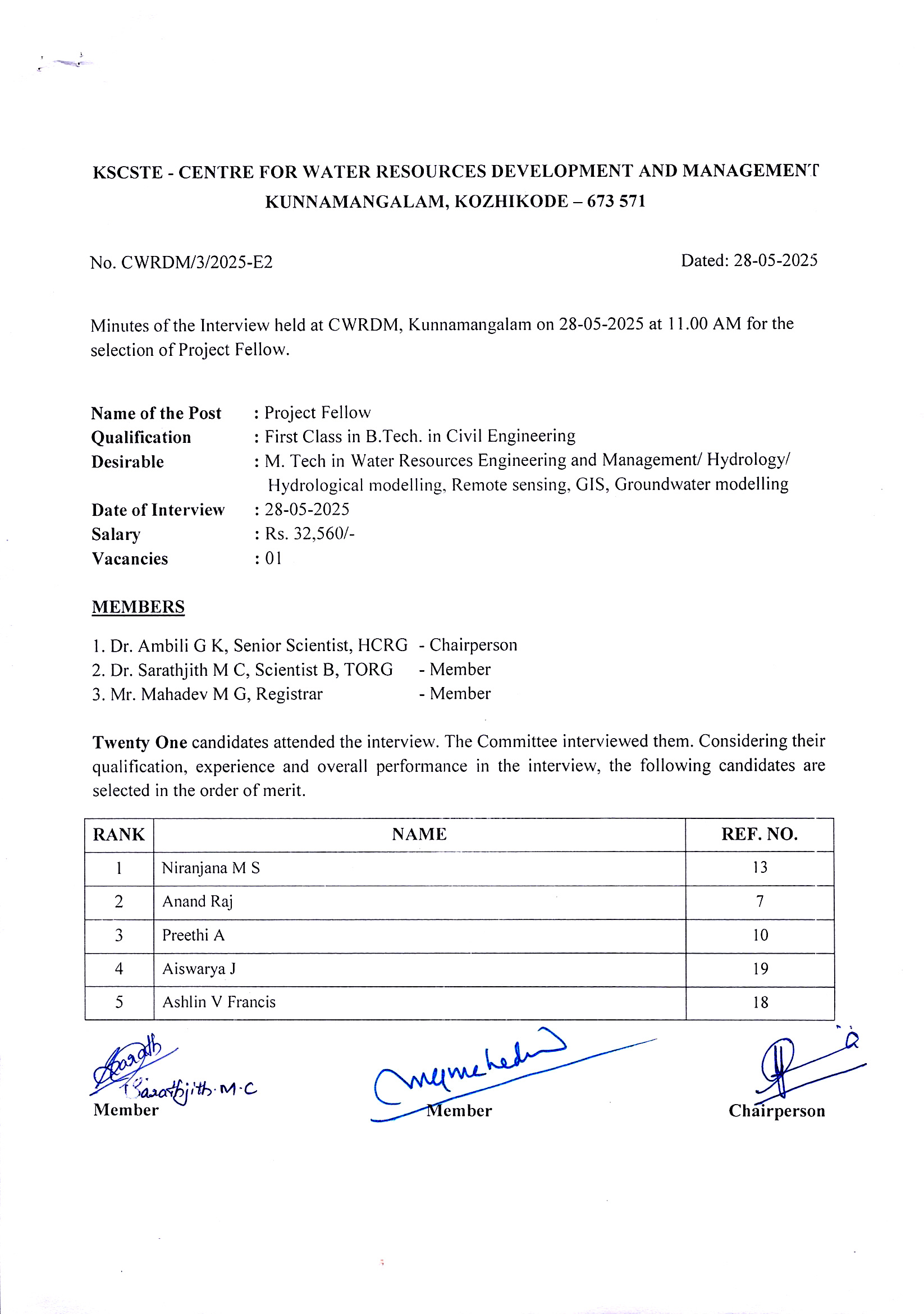 Rank list of the interview held at CWRDM on 28.05.2025 for the selection of Project Fellow B.Tech in Civil Engineering
