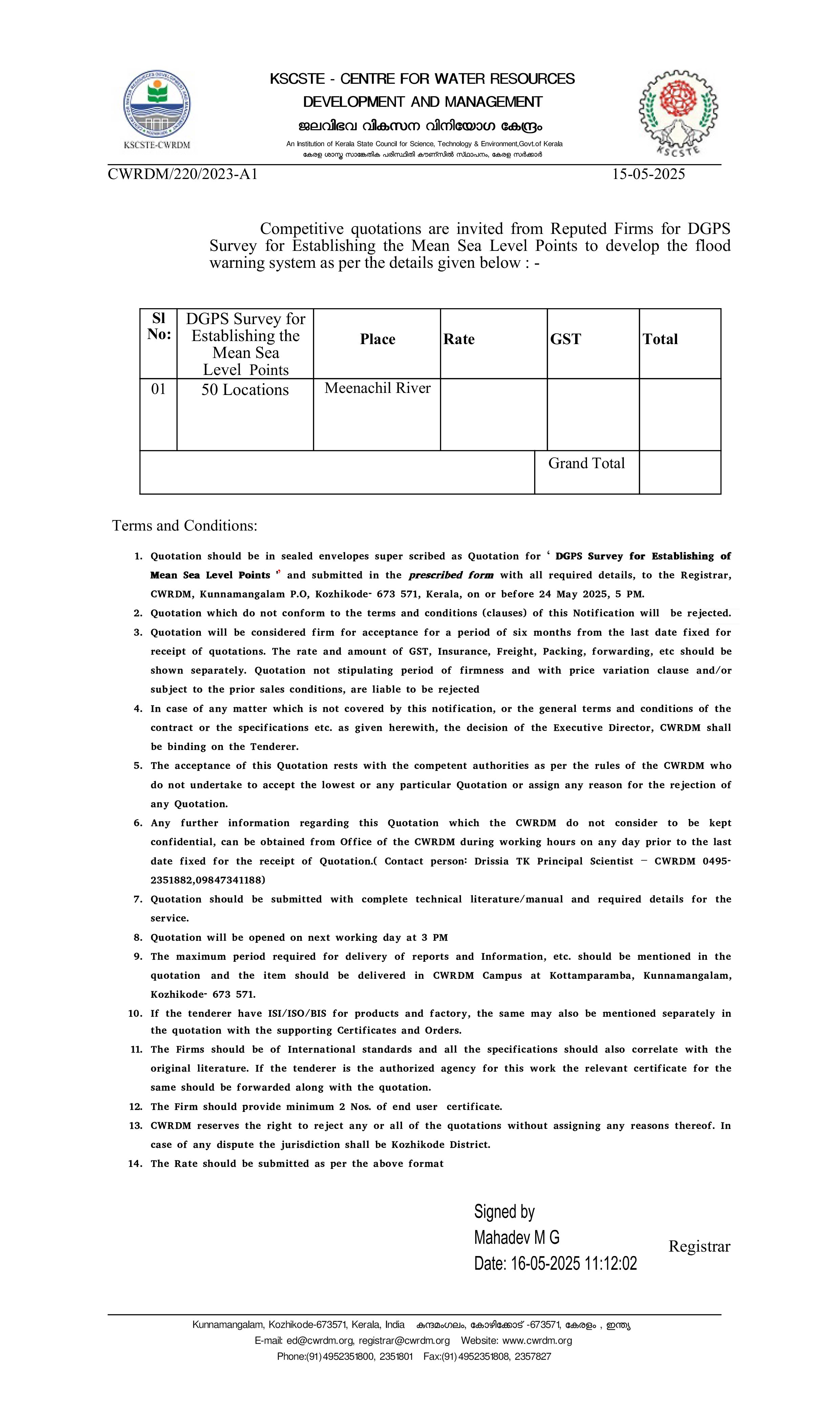 CWRDM Invites Quotation for DGPS Survey for Establishing of Mean Sea Level Points (Last Date:24 May 2025, 5 PM)