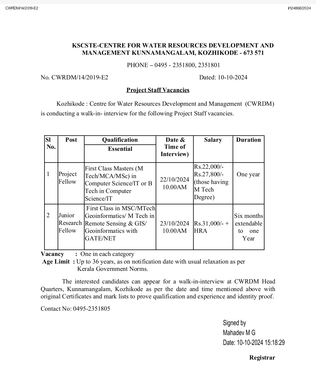 Project Staff Vacancies CWRDM Centre for Water Resources