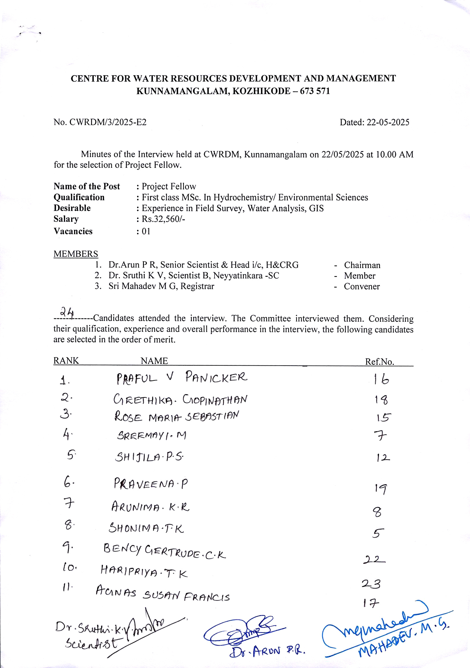 Rank list of the interview held at CWRDM on 22.05.2025 for the selection of Project Fellow (M.Sc. Hydrochemistry/Environmental Sciences)