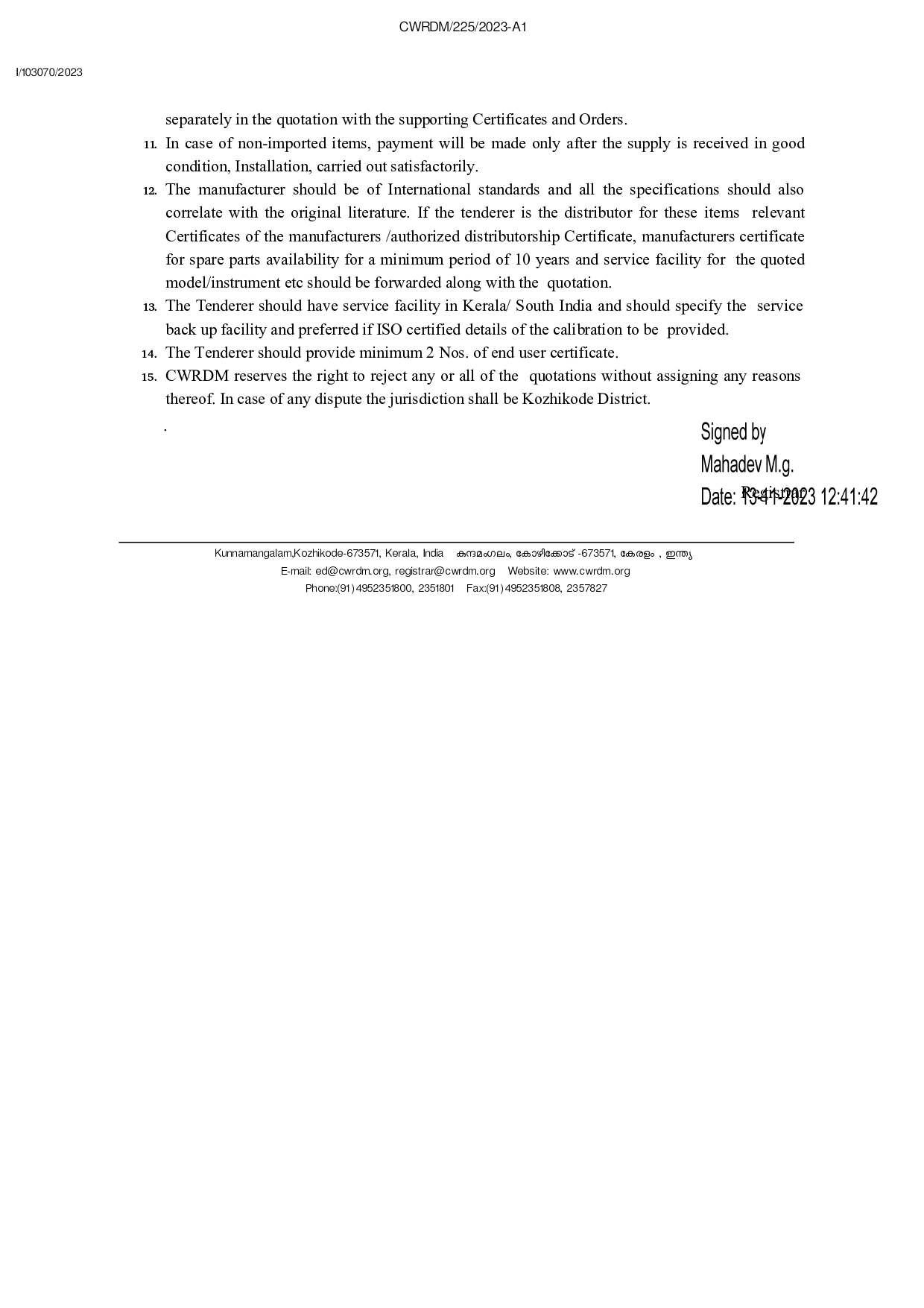 Competitive quotations are invited for the supply of Van Veen Grab (One ...