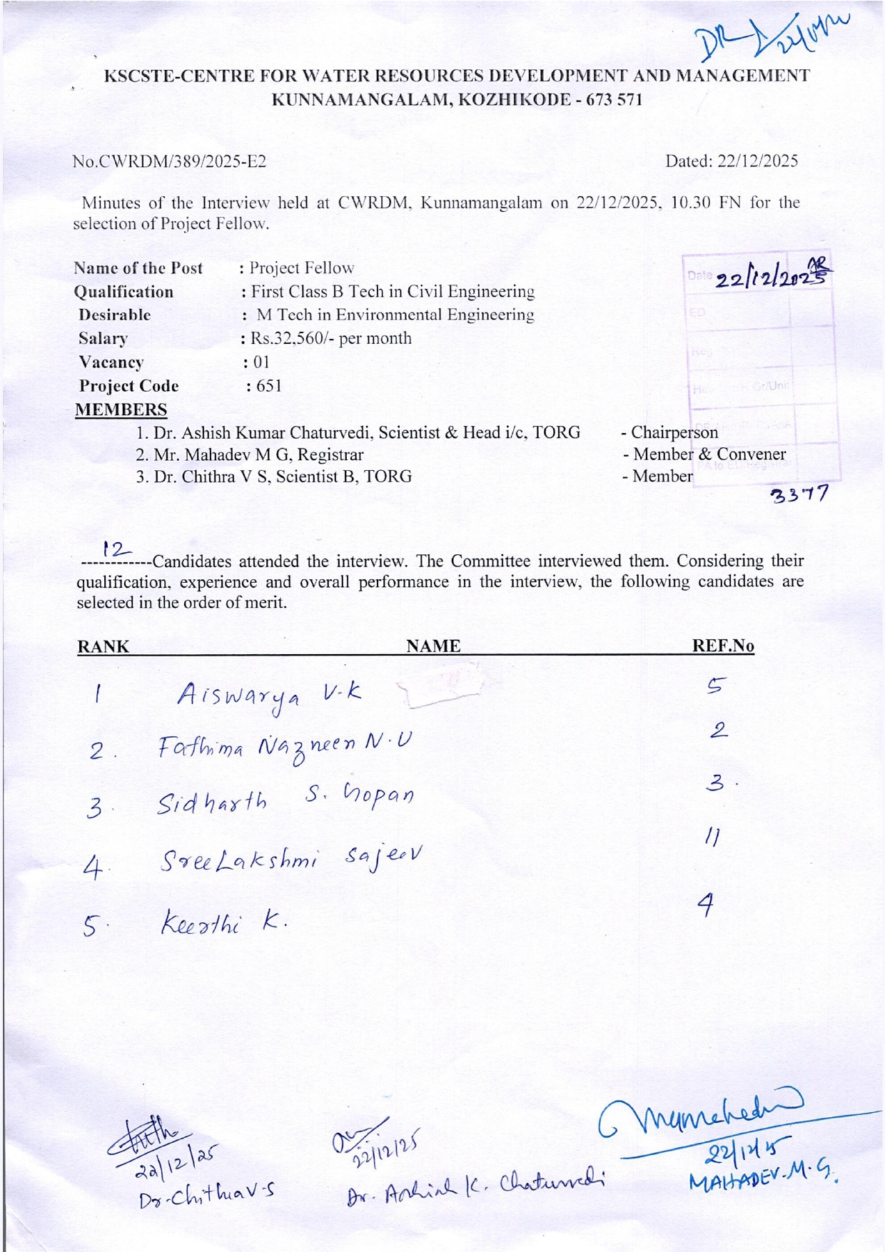 Rank list of the interview held at CWRDM on 22.12.2025 for the selection of Project Fellow B Tech in Civil Engineering