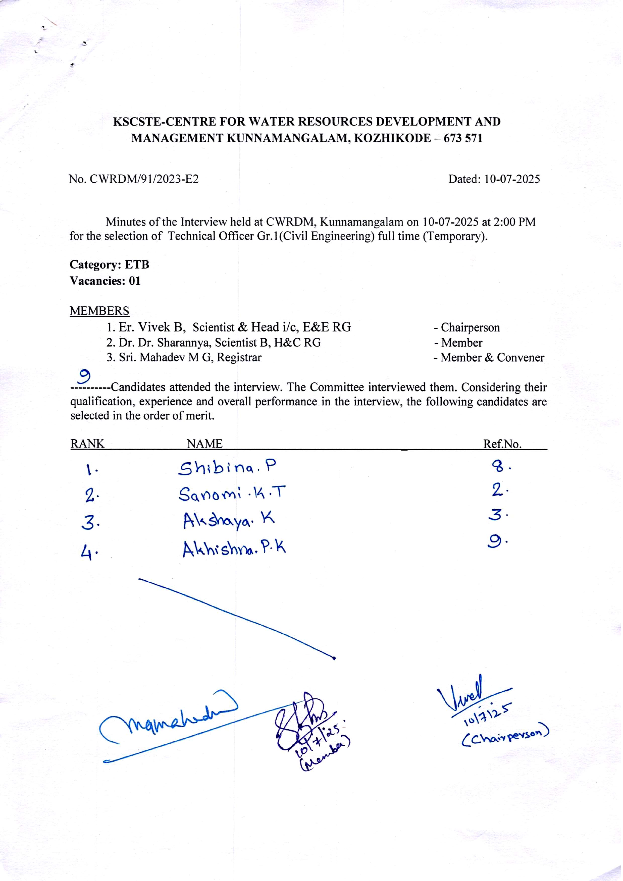 Rank list of the interview held at CWRDM on 10.07.2025 for the selection of Technical Officer Gr.1 Civil Engineering Category:ETB