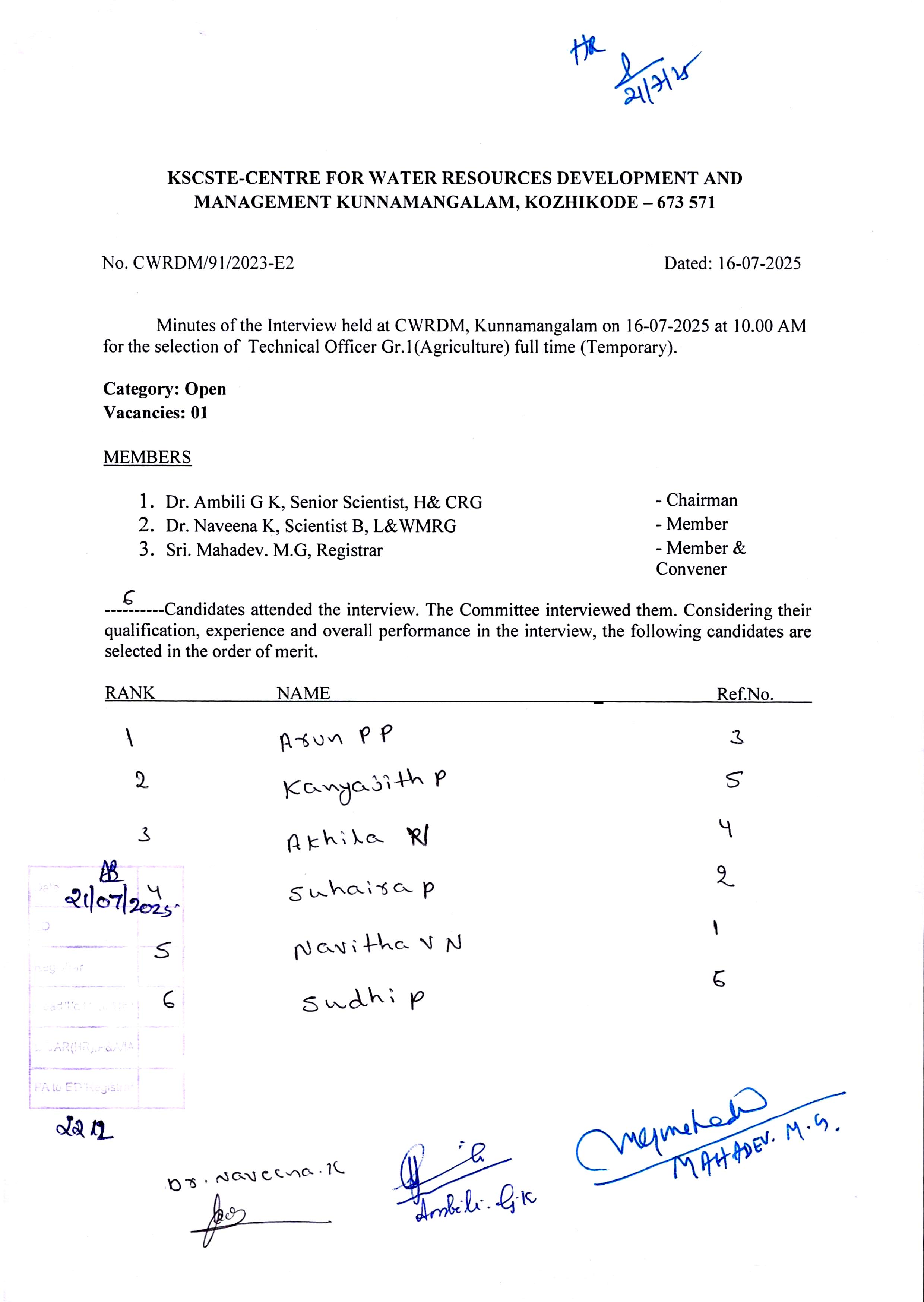 Rank list of the interview held at CWRDM on 16.07.2025 for the selection of Technical Officer Gr.1 Agriculture