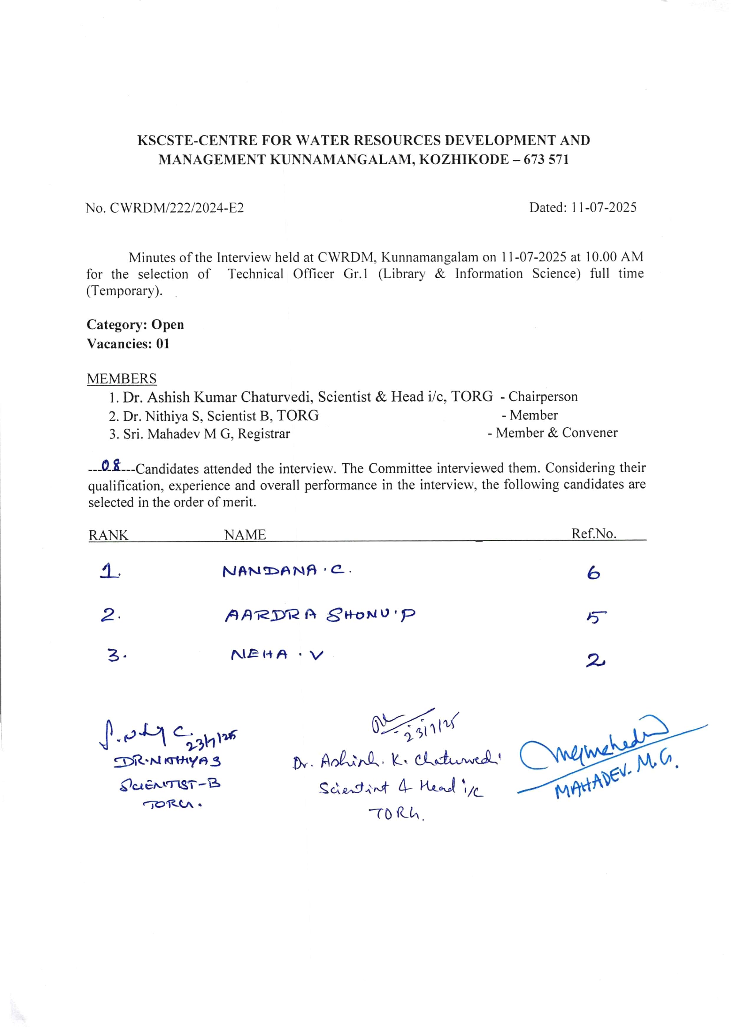 Rank list of the interview held at CWRDM on 11.07.2025 for the selection of Technical Officer Gr.1 Library & Information Science 