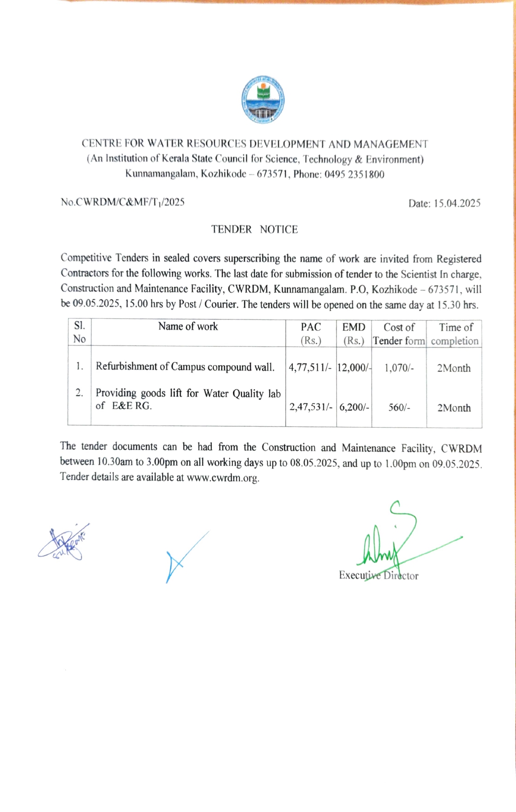 Competitive Tenders are invited from Registered Contractors for Refurbishment of Campus compound wall, Providing goods lift for Water Quality lab (Last date for submission: 09.05.2025 - 3PM)