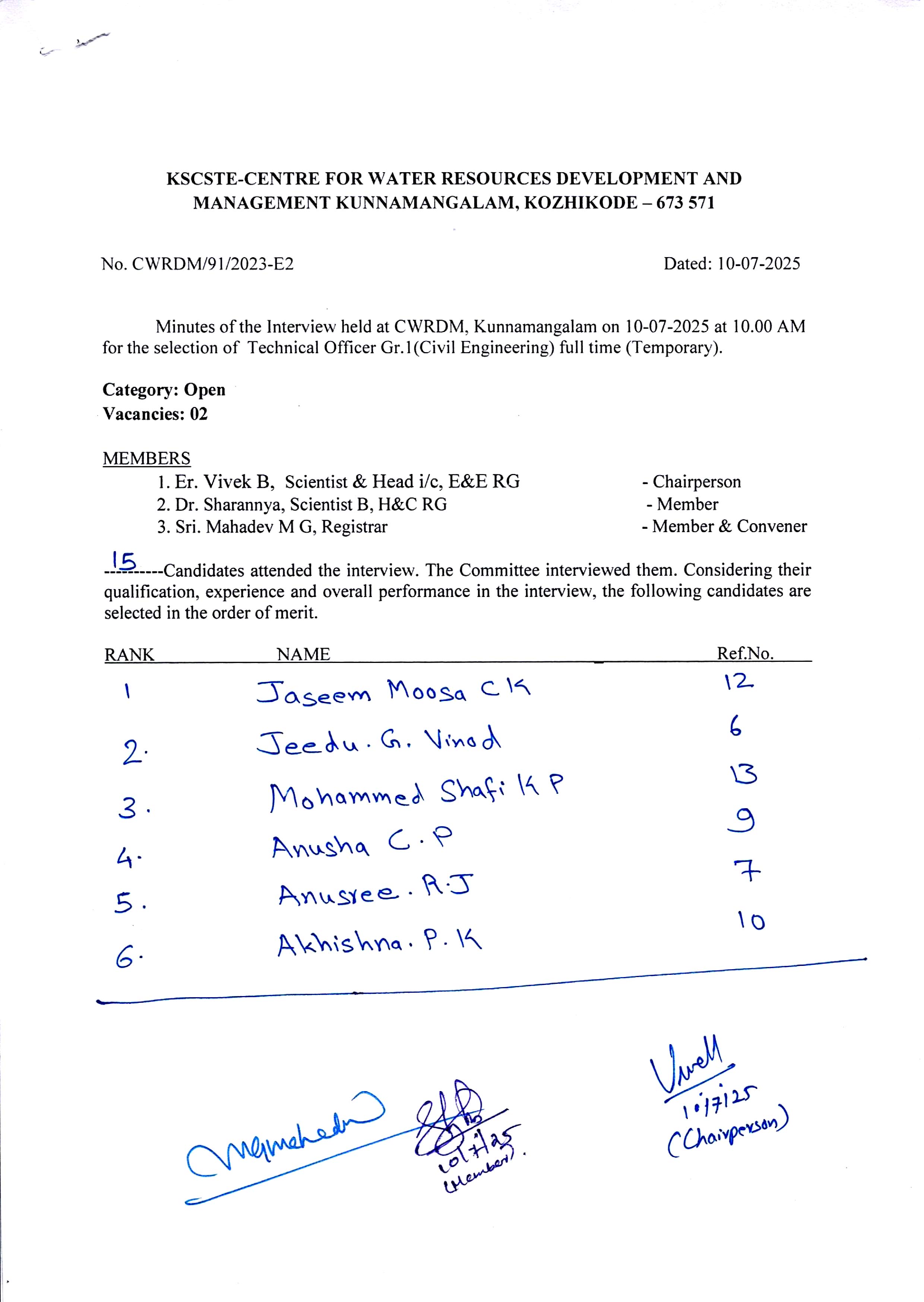 Rank list of the interview held at CWRDM on 10.07.2025 for the selection of Technical Officer Gr.1 Civil Engineering