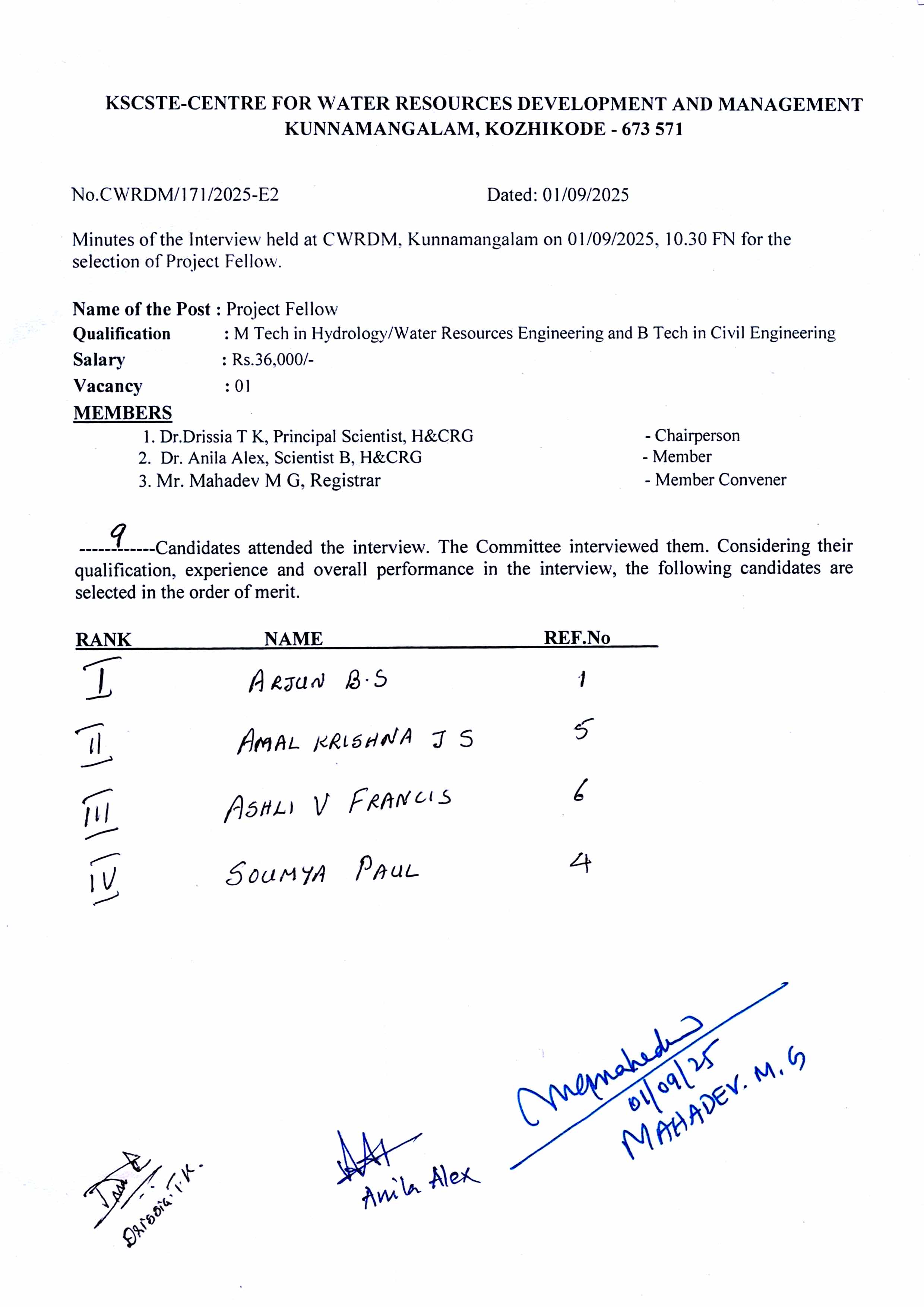 Rank list of the interview held at CWRDM on 01.09.2025 for the selection of Project Fellow M Tech in Hydrology/Water Resources Engineering and B Tech in Civil Engineering 