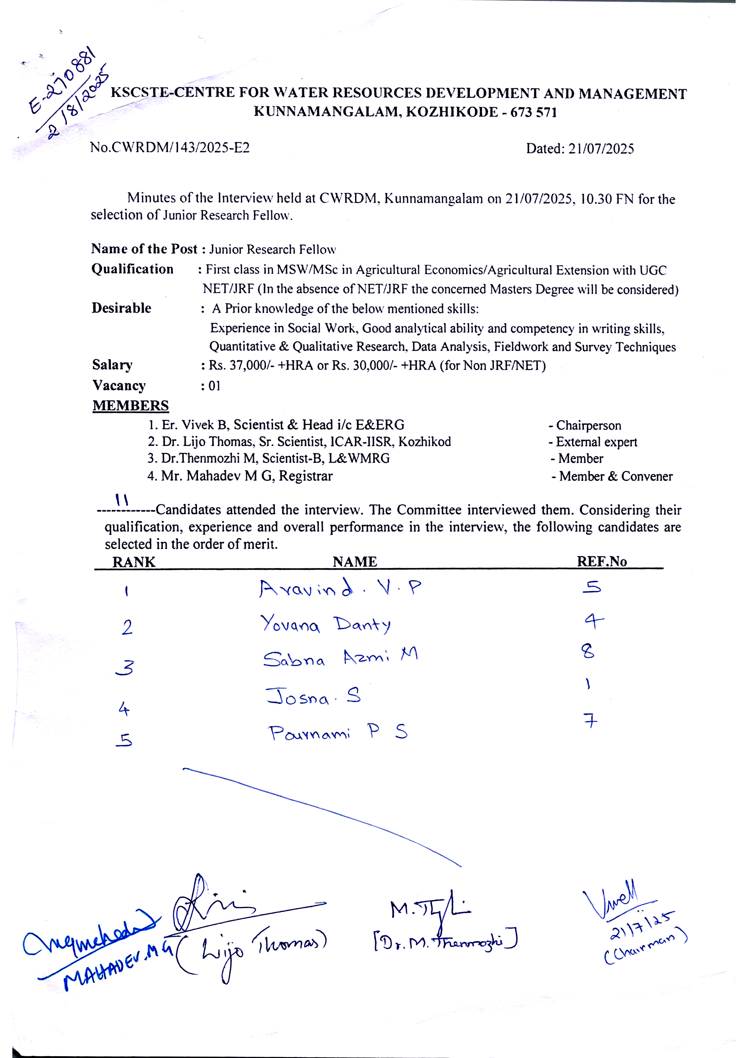 Rank list of the interview held at CWRDM on 21.07.2025 for the selection of Junior Research Fellow MSW/MSc in Agricultural Economics