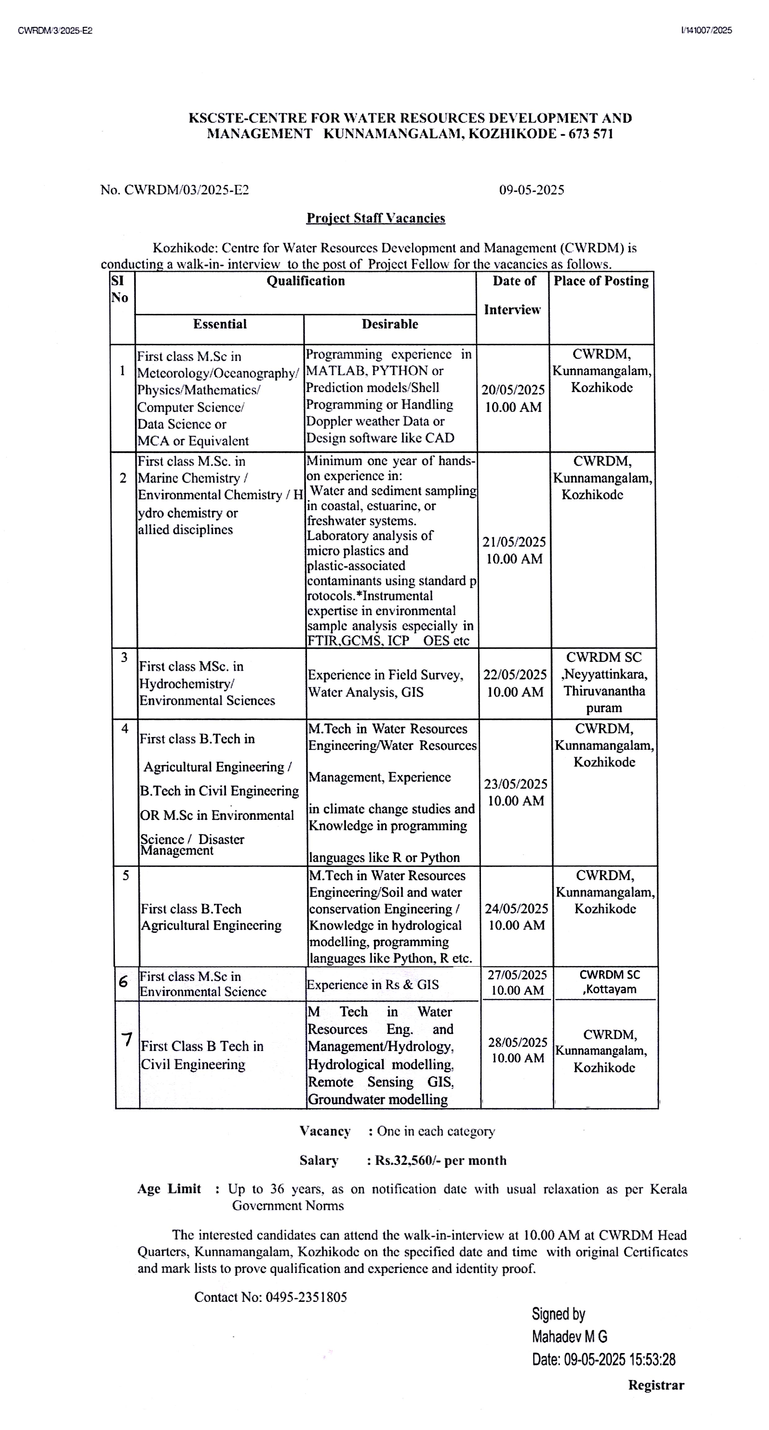 Walk-in- interview to the post of Project Fellows