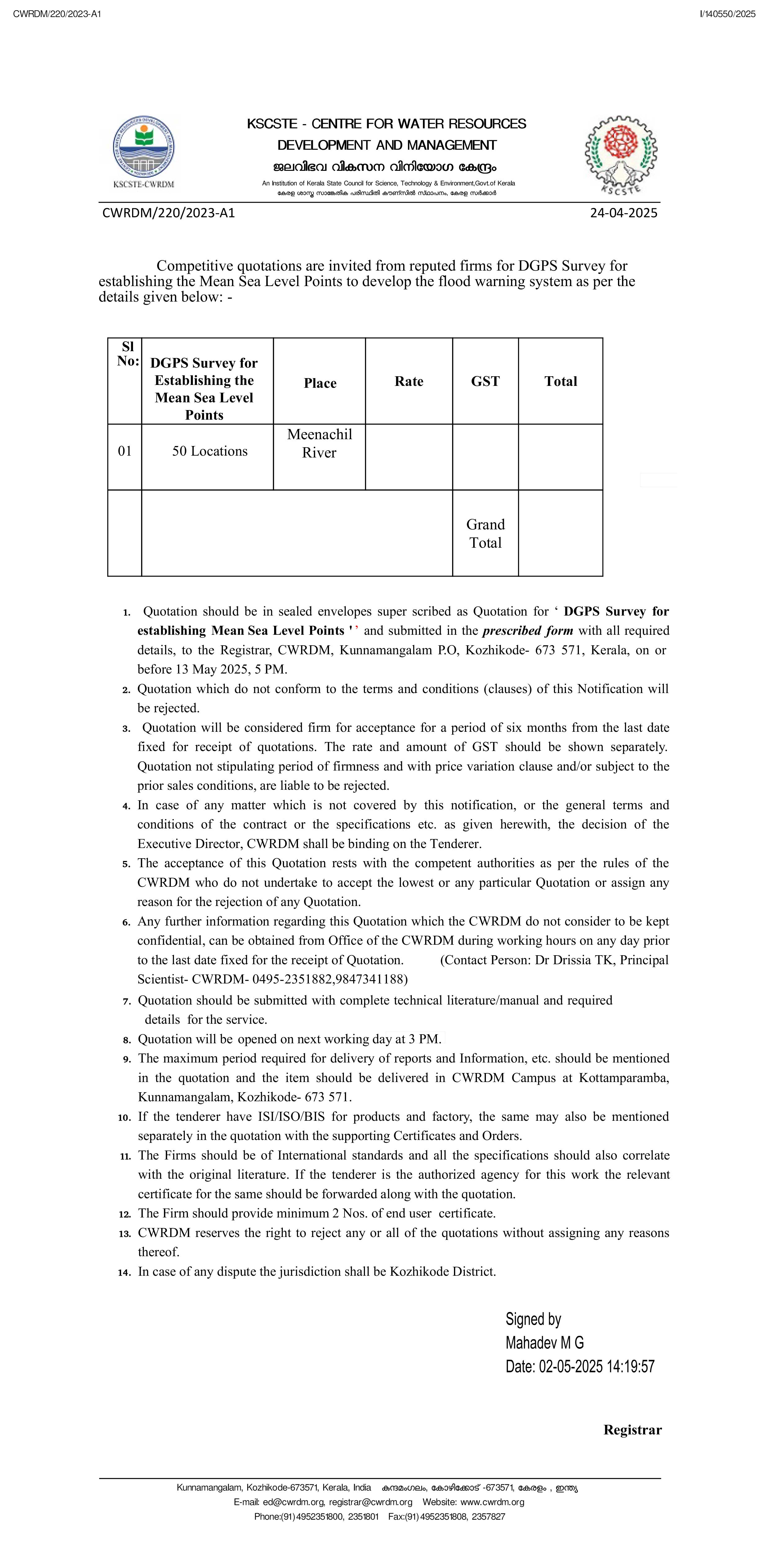 Competitive quotations are invited for DGPS Survey for establishing the Mean Sea Level Points to develop the flood warning system (Last Date : 13 May 2025, 5 PM)