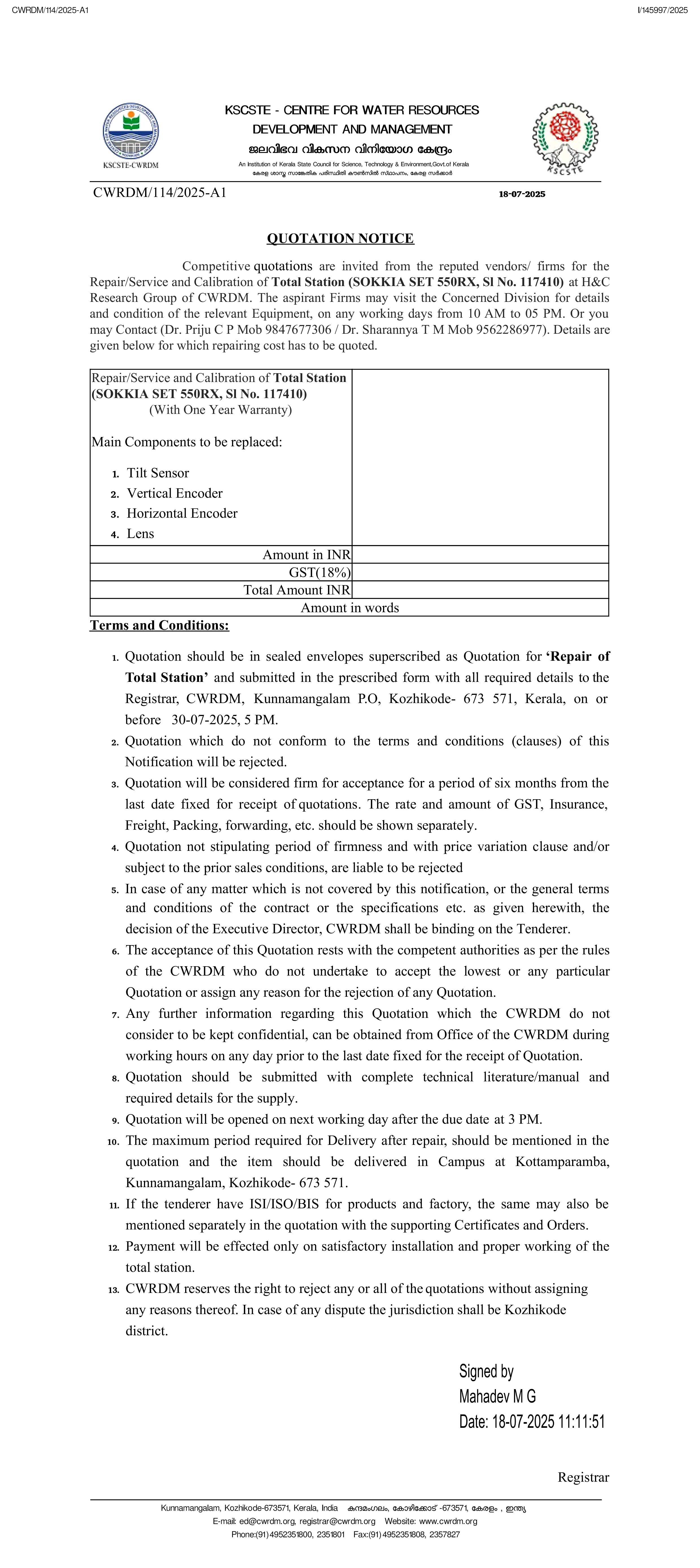Competitive quotations are invited for the Repair/Service and Calibration of Total Station (SOKKIA SET 550RX, Sl No. 117410) at H&C Research Group of CWRDM