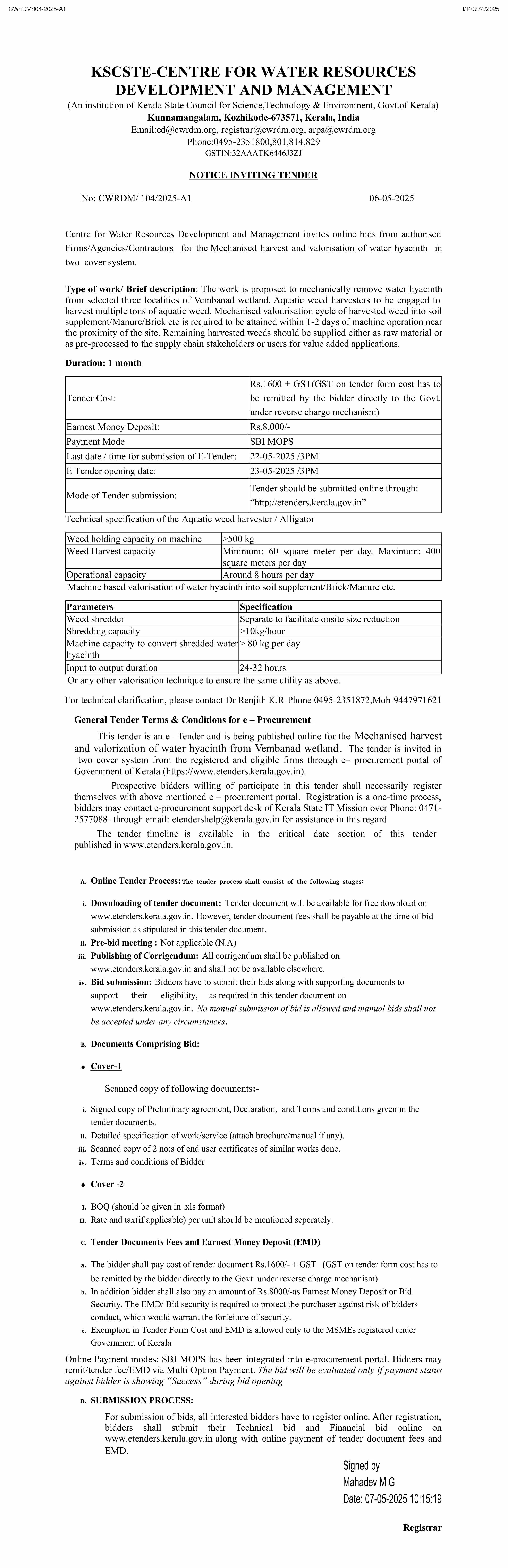 CWRDM Invites online bids for Mechanised harvest and valorization of water hyacinth from Vembanad wetland (Last date: 22-05-2025 /3PM)