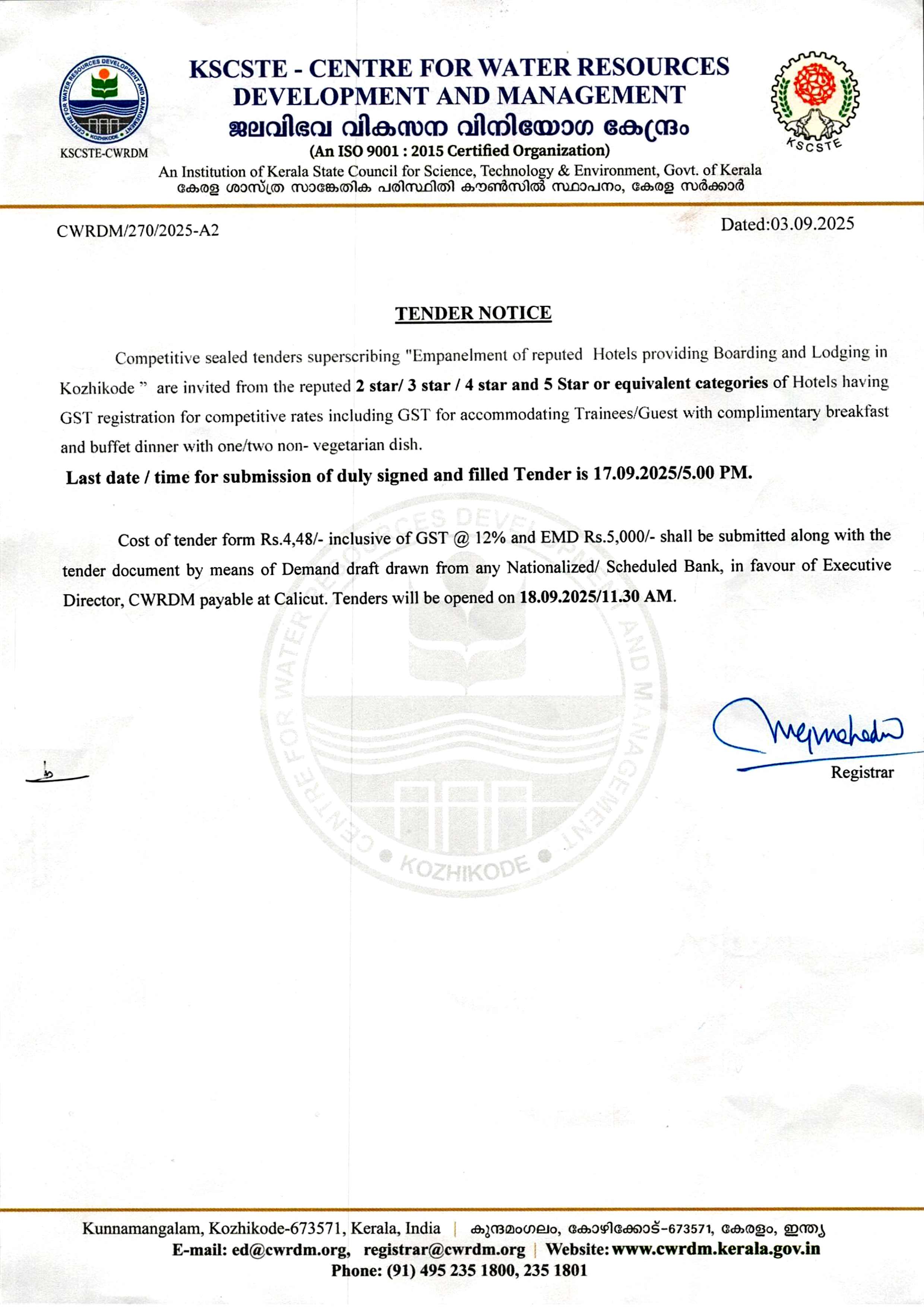 Competitive tenders are invited for Empanelment of reputed Hotels providing Boarding and Lodging in Kozhikode 