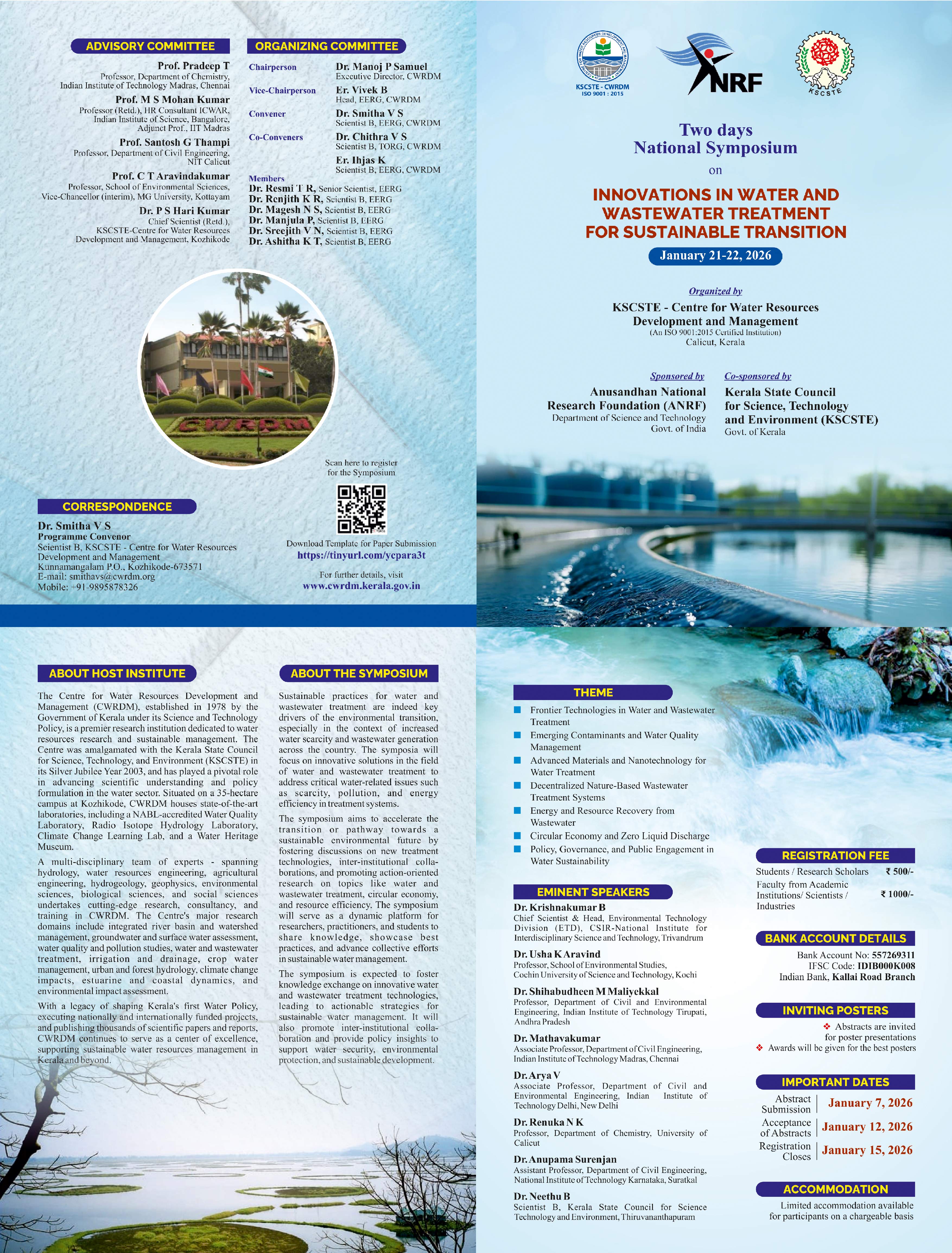 Two Days National Symposium on Innovations in Water and Wastewater Treatment for Sustainable Transition, January 21-22, 2026 (sponsored by ANRF & KSCSTE)